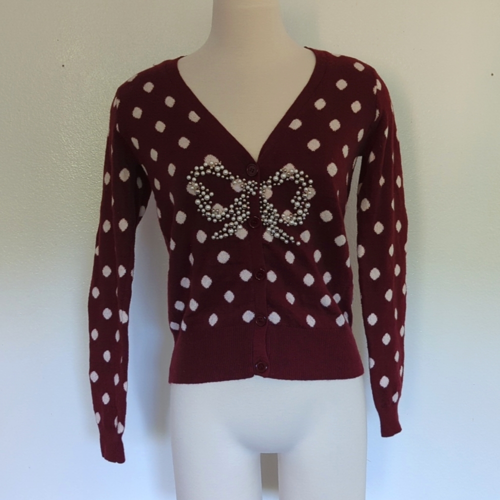 Maroon Knit Polka Dot Beaded Cardigan
